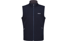 Dunkelblaue ärmellose Weste mit Stehkragen, durchgehendem Frontreißverschluss, zwei seitlichen Reißverschlusstaschen und kleinem weißen Logodruck auf der linken Brust vor weißem Hintergrund