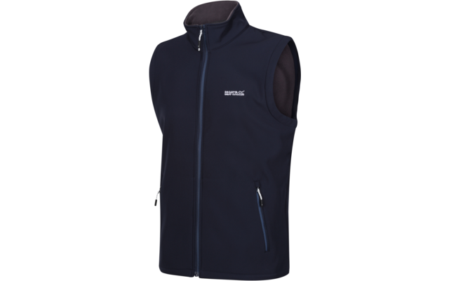 Dunkelblaue ärmellose Softshell-Weste mit durchgehendem Reißverschluss, zwei Reißverschlusstaschen und kleinem weißen Logo auf der Brust