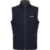 Dunkelblaue ärmellose Weste mit Stehkragen, durchgehendem Frontreißverschluss, zwei seitlichen Reißverschlusstaschen und kleinem weißen Logodruck auf der linken Brust vor weißem Hintergrund