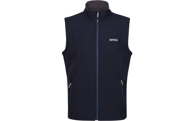 Dunkelblaue ärmellose Weste mit Stehkragen, durchgehendem Frontreißverschluss, zwei seitlichen Reißverschlusstaschen und kleinem weißen Logodruck auf der linken Brust vor weißem Hintergrund