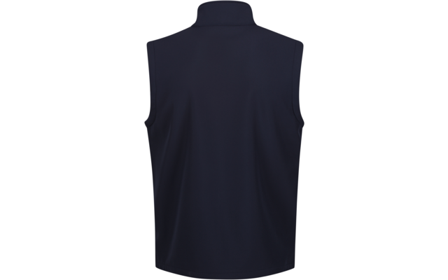 Rückansicht einer dunkelblauen, ärmellosen Weste mit hohem Stehkragen vor hellem Hintergrund