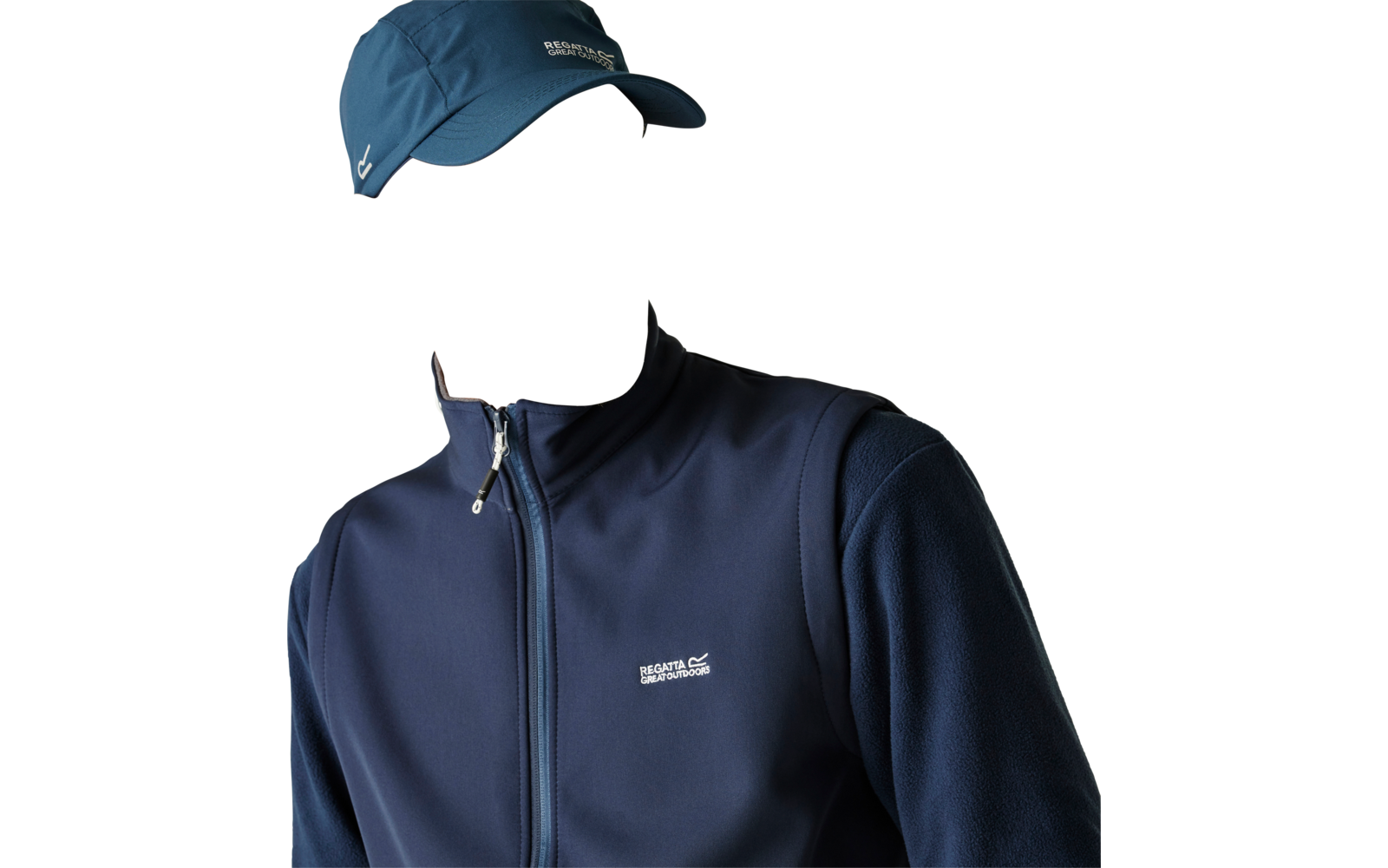 Man with short beard wearing a dark blue baseball cap and zip-up jacket with visible logo, looking right against a light background