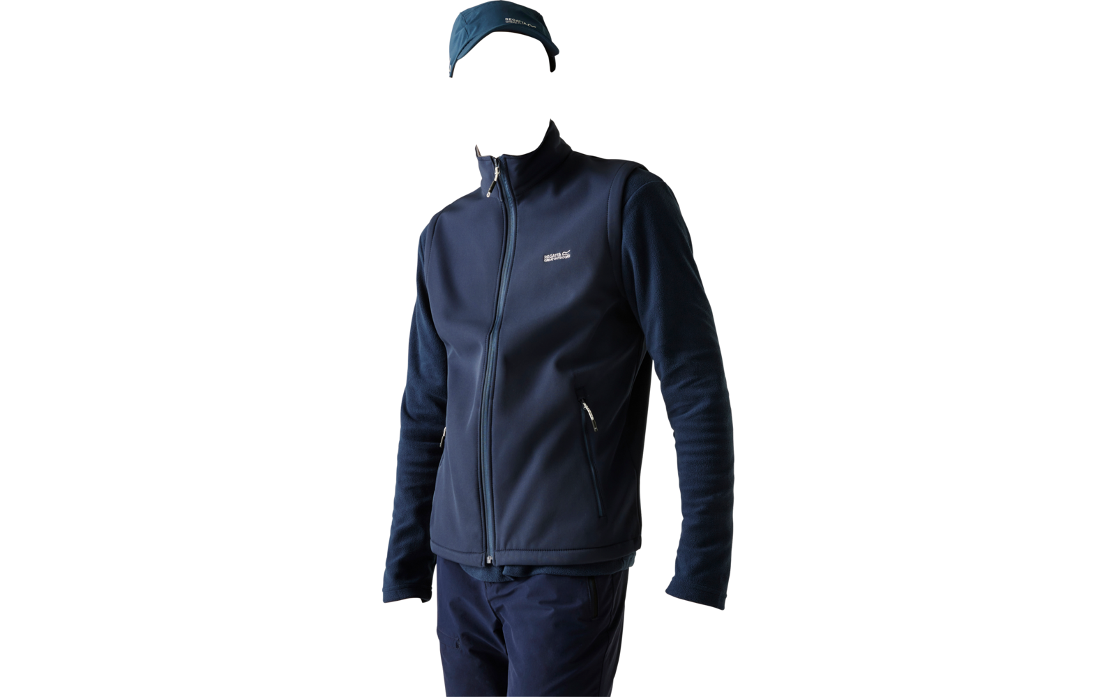 Man against a light background, wearing a dark blue zip jacket with long sleeves, two zip pockets and a small chest logo, dark blue cap and pants, looking to the right