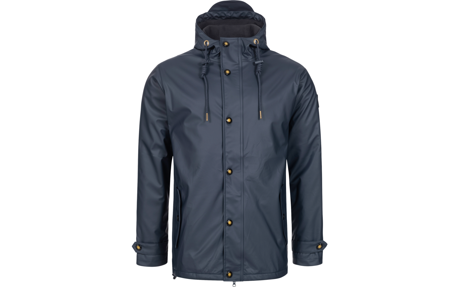 Dunkelblaue Regenjacke mit Kapuze und Knöpfen