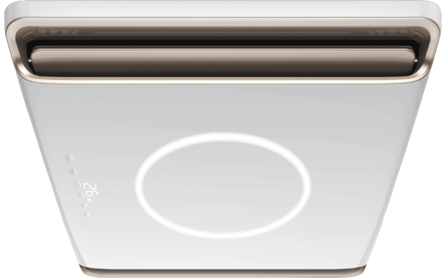 Weißes rechteckiges Gerät mit abgerundeten Ecken, oberer Öffnung mit dunklen Lamellen, mittigem kreisförmigem Leuchtring, seitlicher digitaler Anzeige mit '28' und kleinen Symbolen, Markenlogo rechts