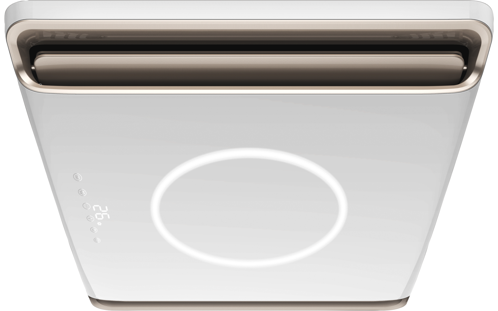 Weißes rechteckiges Gerät mit abgerundeten Ecken, oberer Öffnung mit dunklen Lamellen, mittigem kreisförmigem Leuchtring, seitlicher digitaler Anzeige mit '28' und kleinen Symbolen, Markenlogo rechts