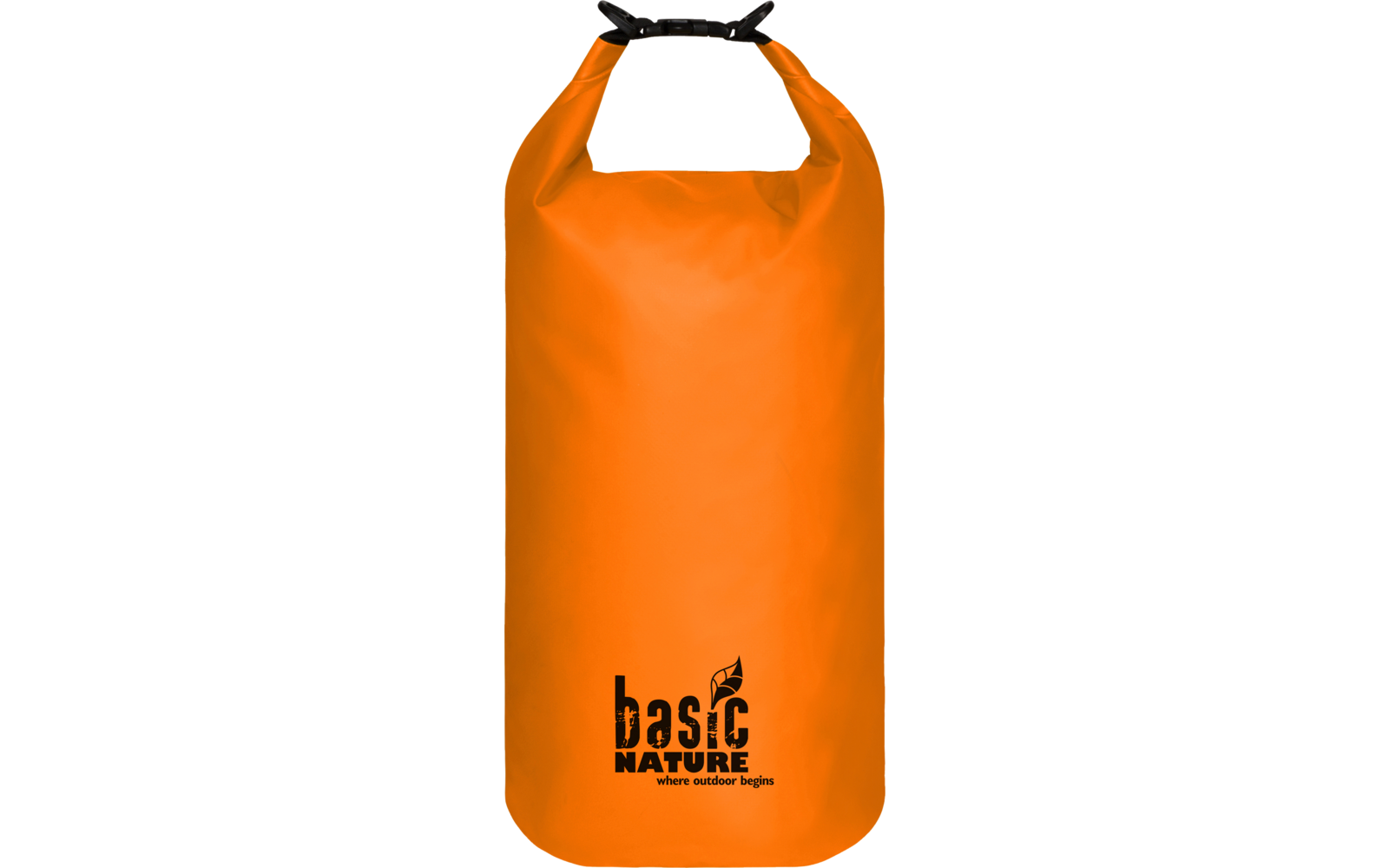 Oranger wasserdichter Packsack mit schwarzem Rollverschluss und schwarzem "basic NATURE"-Logo vorne