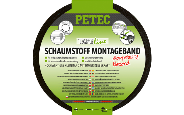 Rundes grünes Etikett mit großem PETEC oben, TAPELine darunter, dem Text SCHAUMSTOFF MONTAGEBAND und dem roten Text doppelseitig klebend, drei kleine Icons mit Montageillustrationen, mehrzeiliger Produkttext, Maßangaben 1 mm · 19 mm · 10 m und GERMAN