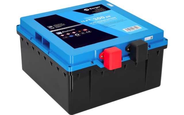 Rechteckige Batterie mit blauem Deckel und schwarzem Gehäuse, Etikett mit weißer Aufschrift "12V 300 Ah", rote und schwarze Polkappen an der Vorderkante