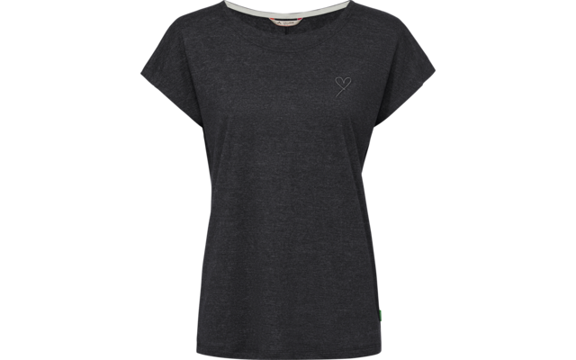 T-shirt grigio scuro a maniche corte con scollo rotondo, piccolo cuore sul lato sinistro del petto e etichetta laterale verde