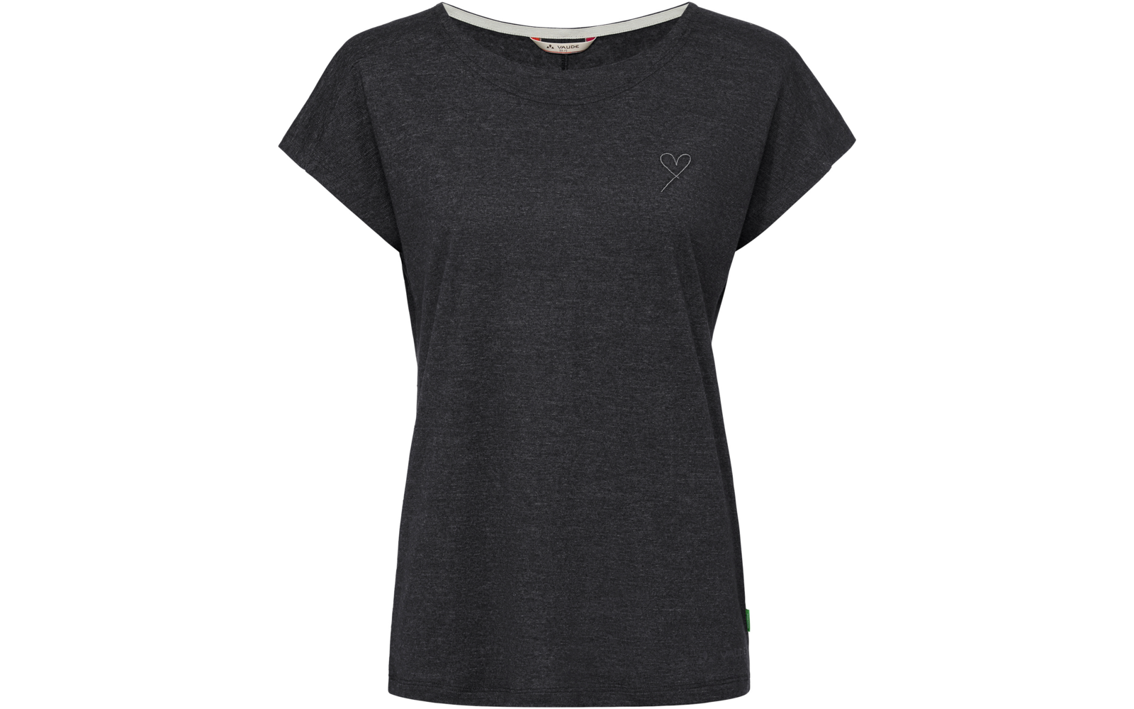 Dunkelgraues T-Shirt mit kurzen Ärmeln, Rundhalsausschnitt, kleinem Herz auf der linken Brust und grünem Seitenschild