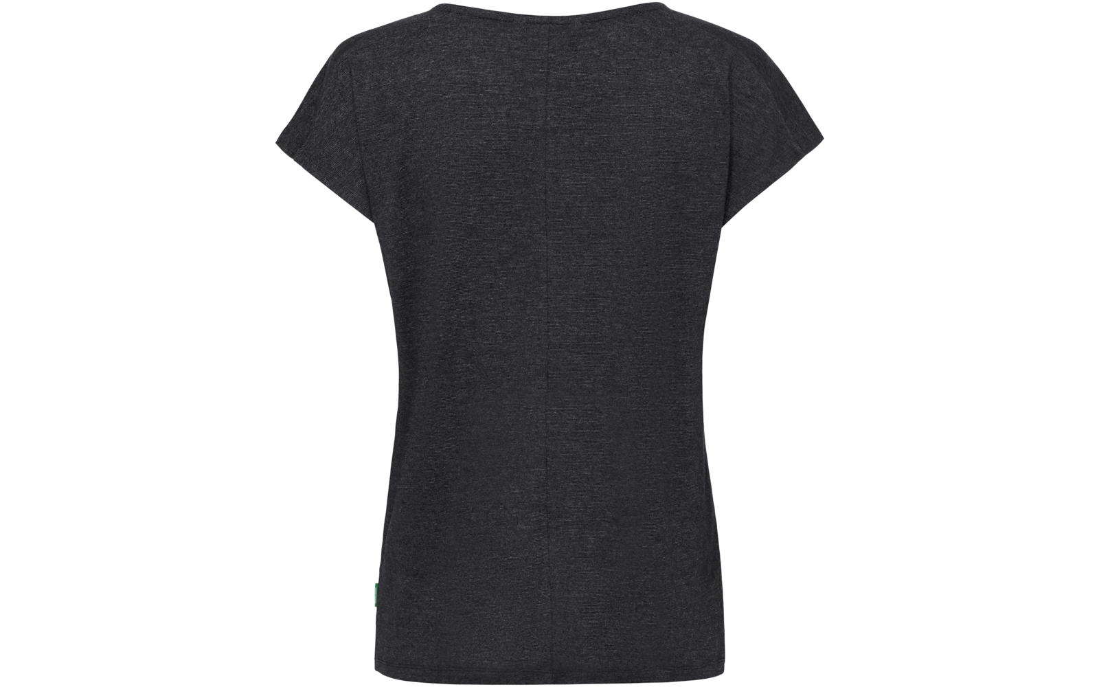 Rückansicht eines dunkelgrauen T-Shirts mit kurzen Ärmeln, Mittelnaht und kleiner grüner Stofflasche am Saum