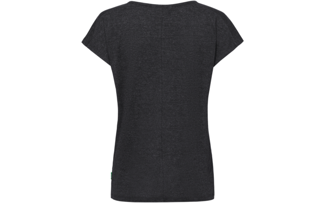 Rückansicht eines dunkelgrauen T-Shirts mit kurzen Ärmeln, Mittelnaht und kleiner grüner Stofflasche am Saum