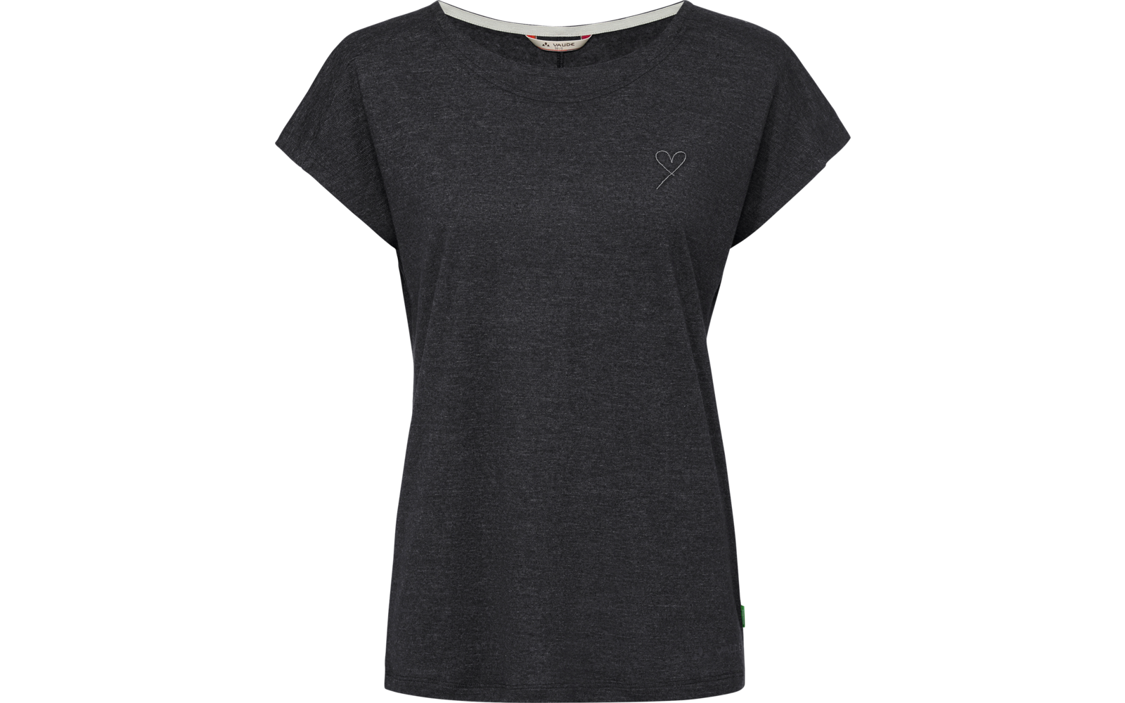 T-shirt grigio scuro a maniche corte con scollo rotondo, piccolo cuore sul lato sinistro del petto e etichetta laterale verde