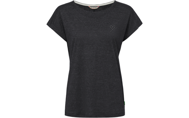 Dunkelgraues T-Shirt mit kurzen Ärmeln, Rundhalsausschnitt, kleinem Herz auf der linken Brust und grünem Seitenschild