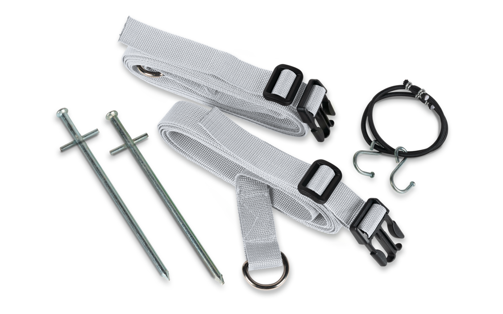 Twee witte riemen met zwarte gespen, twee metalen nagels en een ronde zwarte voorwerp met haken