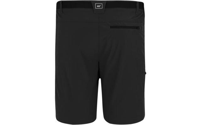 Vorderansicht einer schwarzen Shorts mit elastischem Bund, mittig oben sichtbarem rechteckigem Logo und rechter, horizontaler Reißverschlusstasche