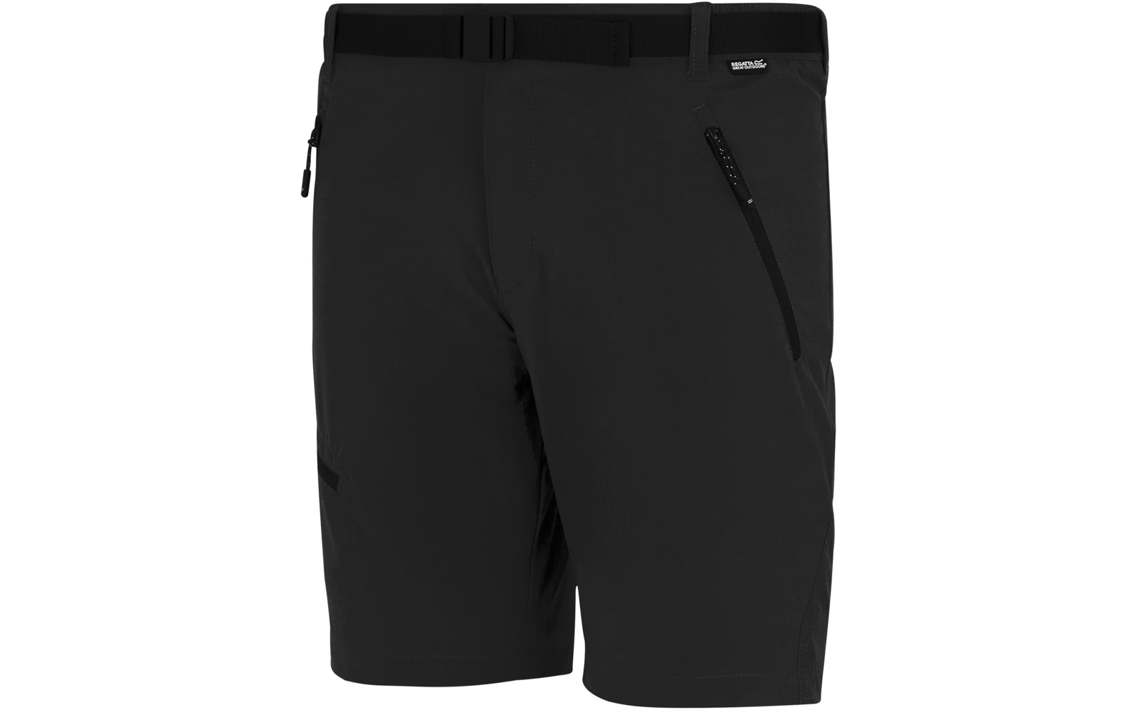 Schwarze Shorts mit Reißverschlusstasche rechts vorne, Gürtelschlaufen und Markenlabel am Bund