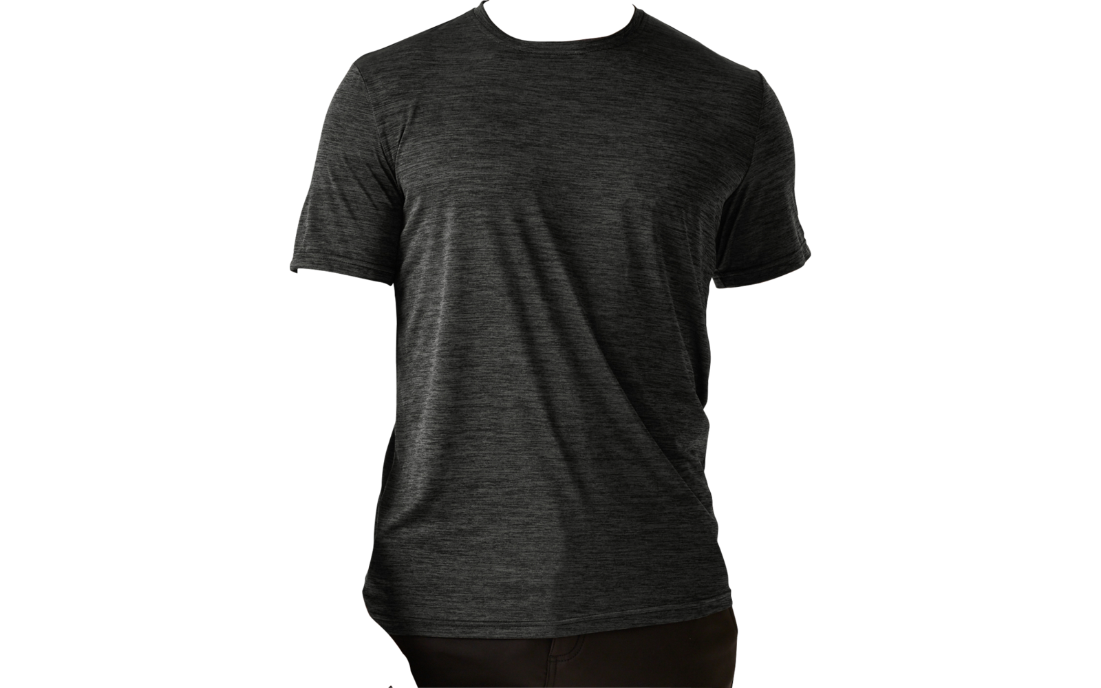 Man with short bleached blond hair and short beard, wearing a dark gray heather T‑shirt, standing against a light background, arms relaxed at sides, small black tattoo on inner right forearm