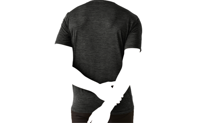 Rear view of a person with short blond hair wearing a dark gray short-sleeve T-shirt, hands brought together behind the back, light background