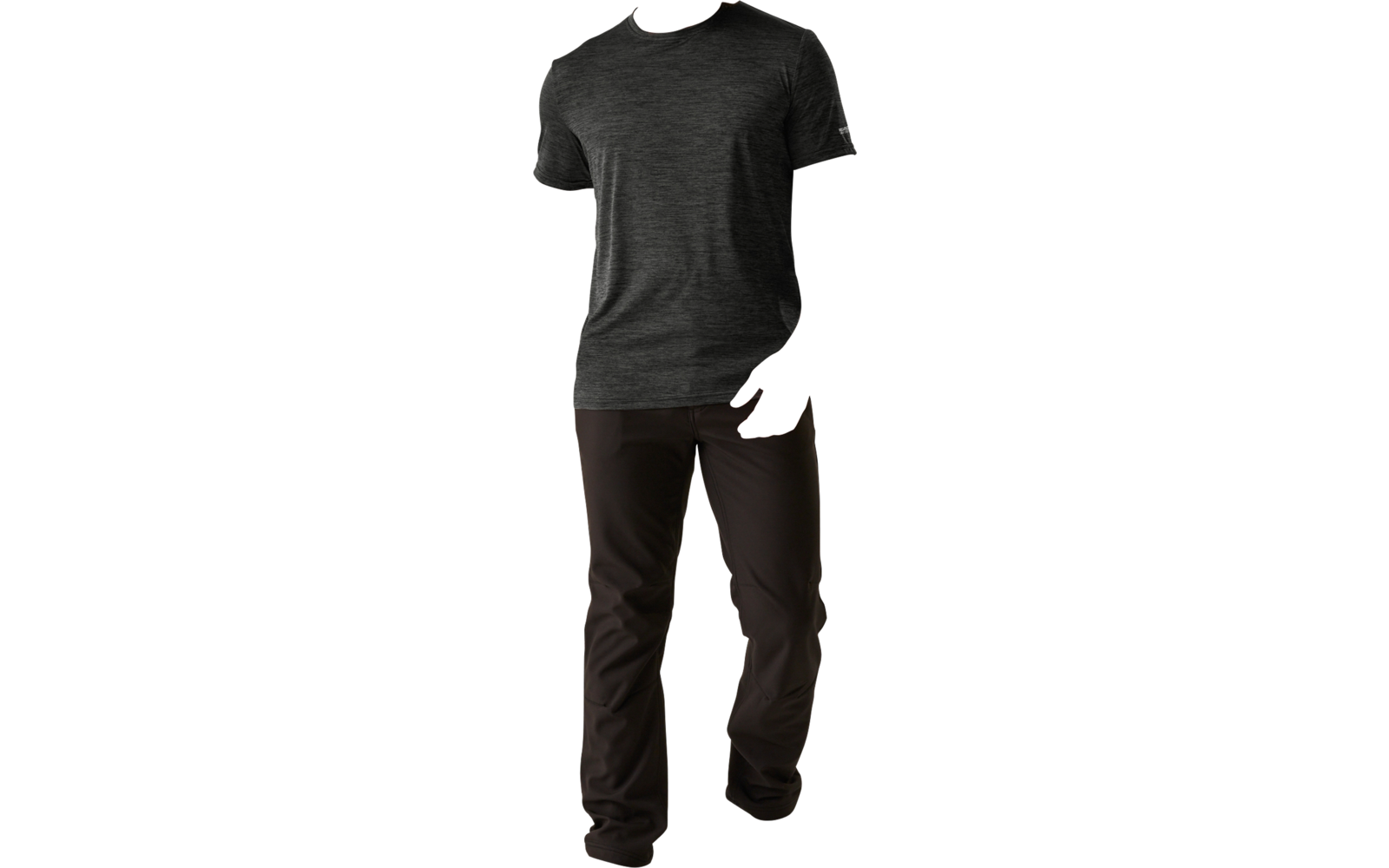 Person with short blond hair wearing a dark gray t-shirt, black pants and black shoes, walking and looking to the left