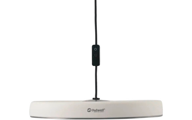 Witte ovale hanglamp met Outwell-logo, zwarte snoer met zwarte inline-schakelaar