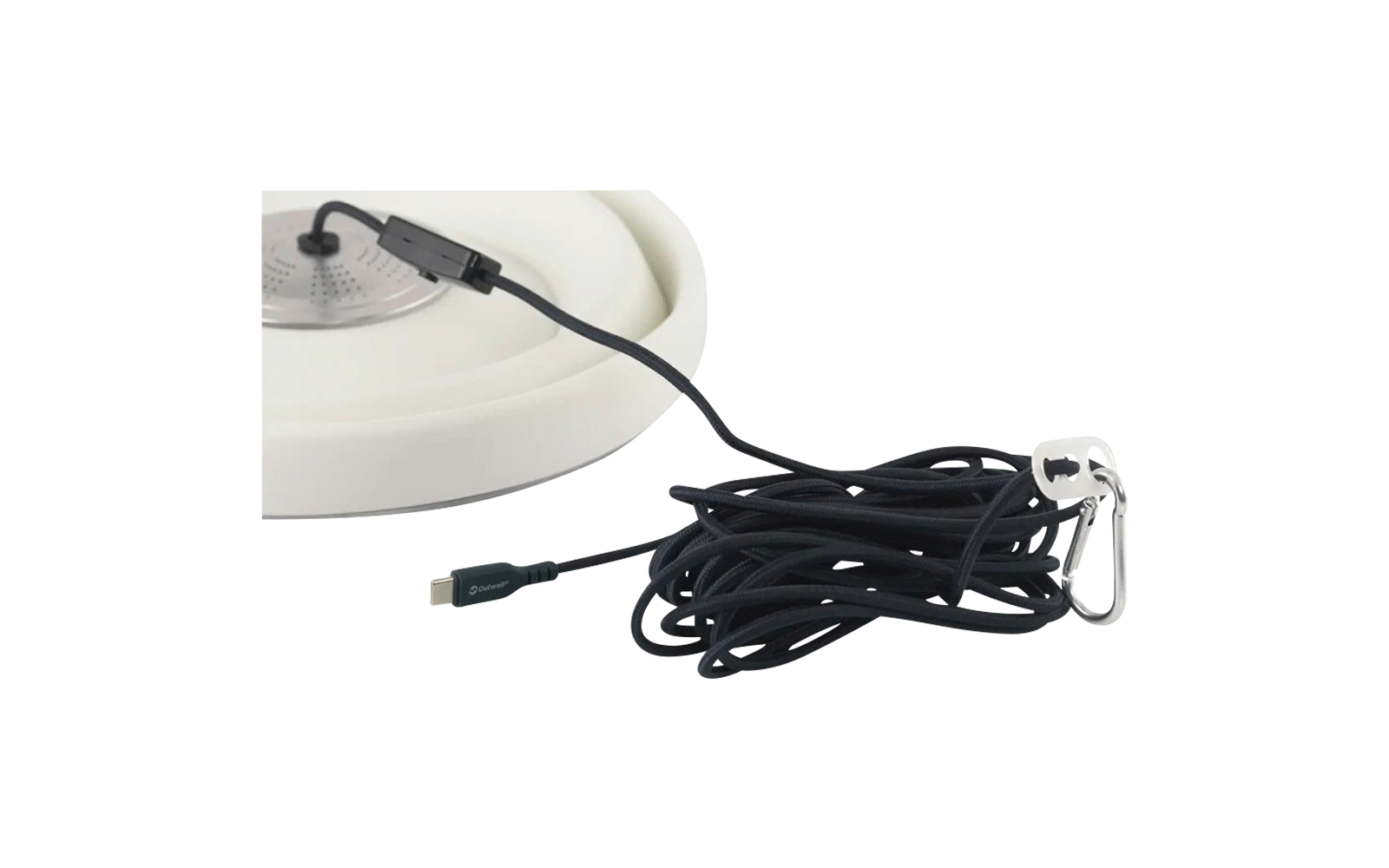 Witte ronde basis met opgerolde zwarte USB-C-kabel en metalen karabijnhaak