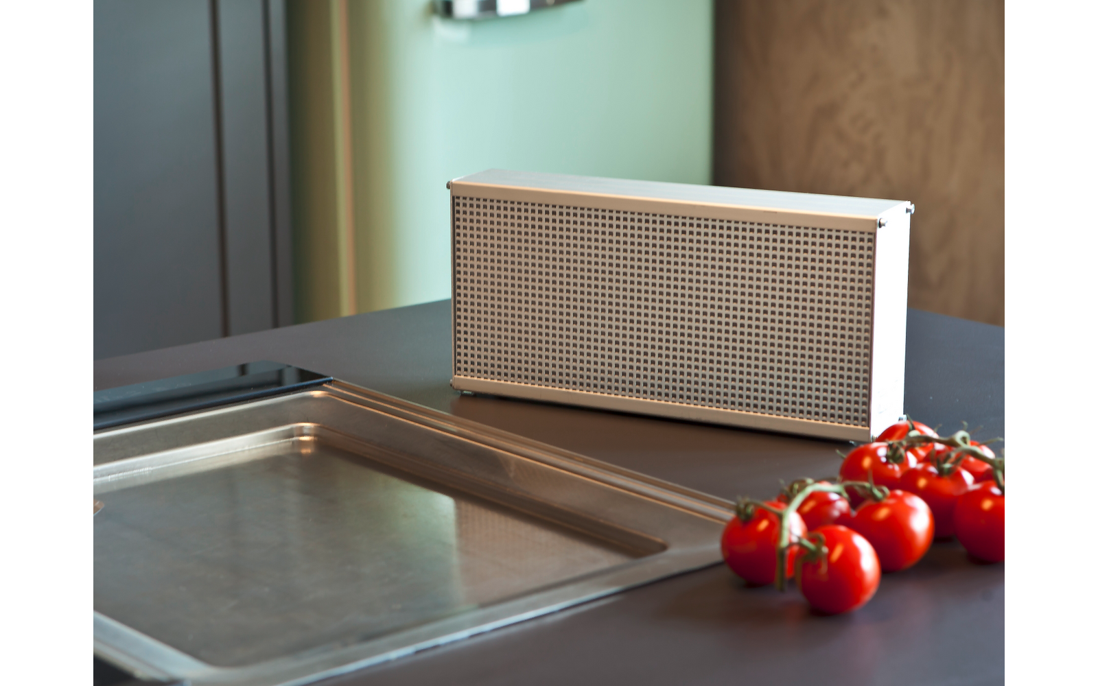 Altavoz portátil rectangular beige sobre encimera de cocina junto a tomates cherry y un fregadero