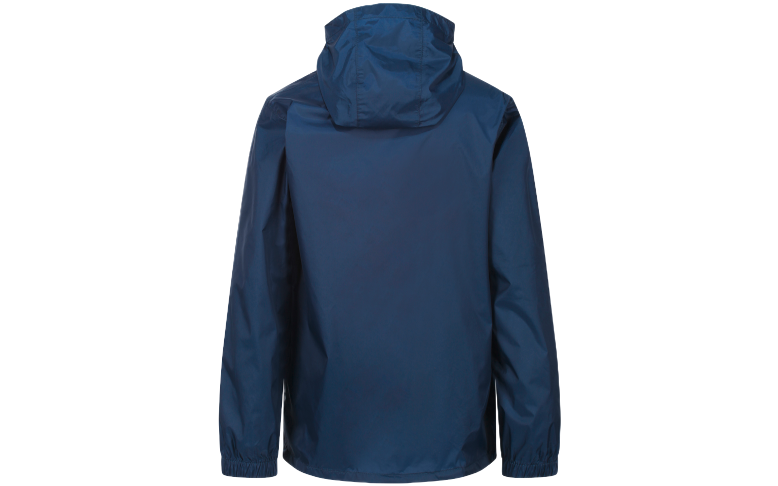 Blaue Regenjacke mit Kapuze, Rückansicht