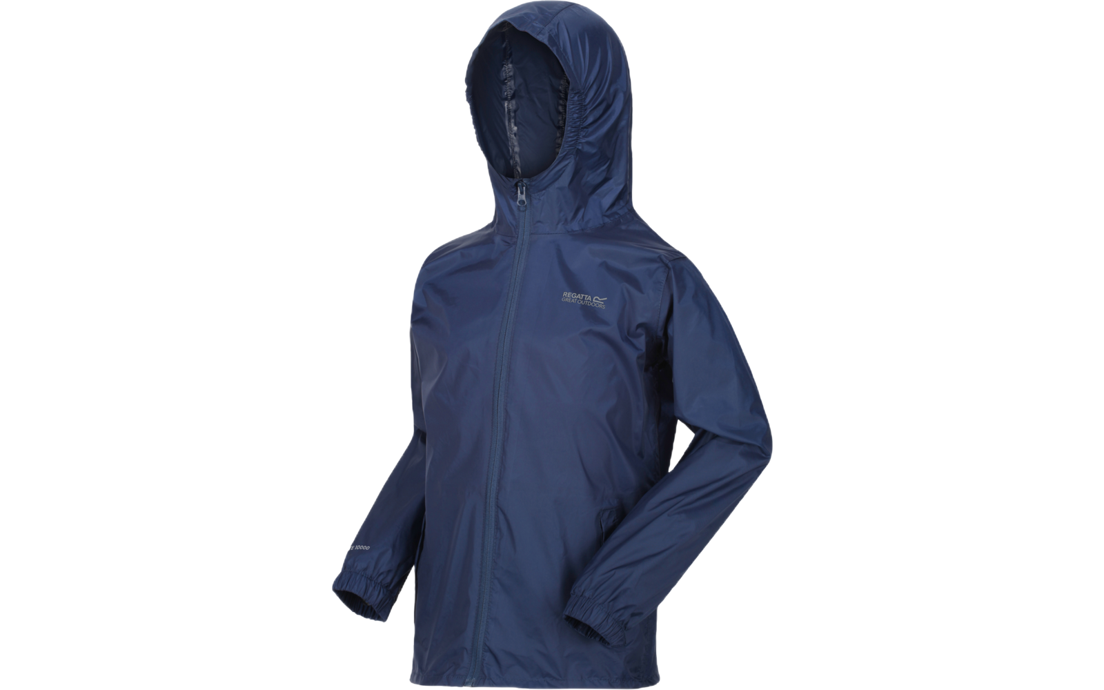 dark blue hooded jacket with zipper and small chest logo