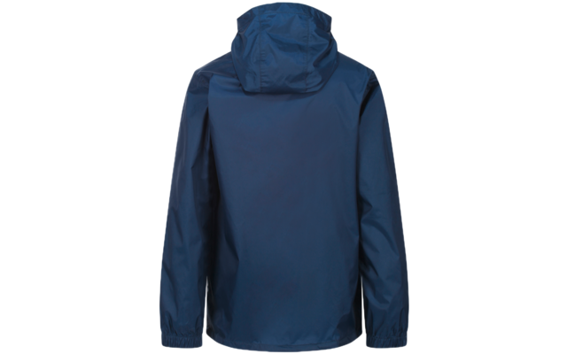Blaue Regenjacke mit Kapuze, Rückansicht