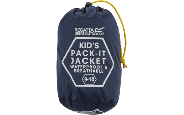 Dunkelblauer, komprimierter Packsack mit Aufschrift 'KID'S PACK-IT JACKET'