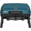 Blue grill with two control knobs and a thermometer