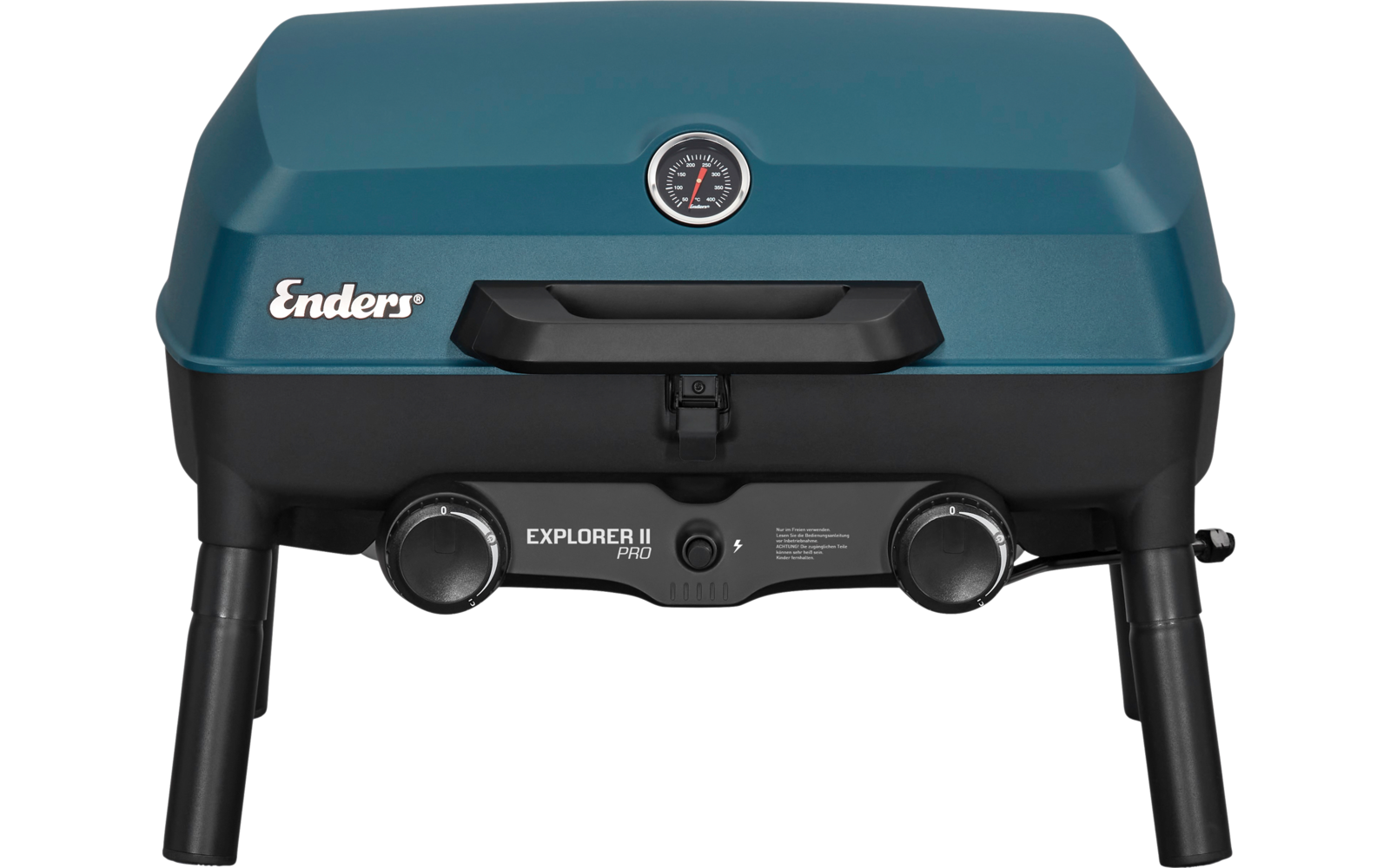 Blue grill with two control knobs and a thermometer