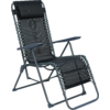 Donkergrijze opvouwbare ligstoel met metalen frame, mesh-stof, armleuningen, hoofdkussen en elastische zijveters