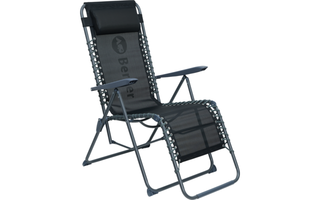Donkergrijze opvouwbare ligstoel met metalen frame, mesh-stof, armleuningen, hoofdkussen en elastische zijveters