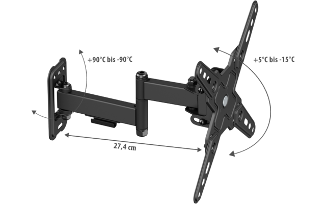 Schwarze Metallarme mit Gelenken, linke rechteckige Platte mit Schraubenlöchern, rechte kreuzförmige Montageplatte mit Löchern, Pfeile und Winkelangaben +90° bis -90° und +5° bis -15°, Maßangabe 27,4 cm