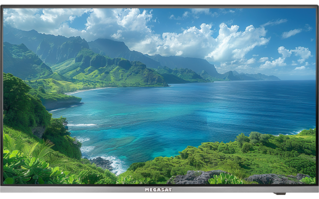 Écran plat avec logo de marque visible, à l'écran falaises côtières vertes, mer turquoise et ciel bleu avec des nuages