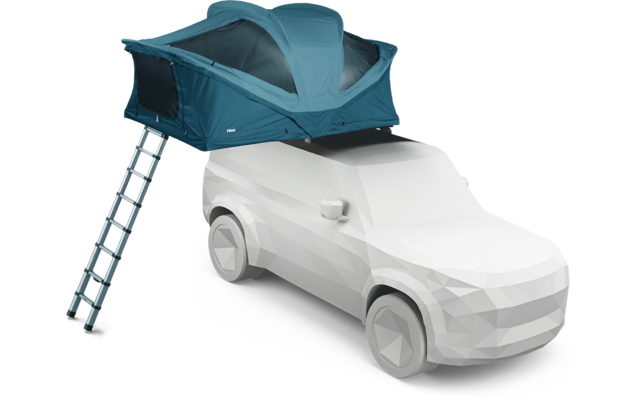 Weißes polygonales Auto mit offenem türkisfarbenem Dachzelt und ausgezogener Leiter