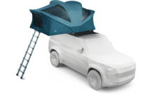 Weißes polygonales Auto mit offenem türkisfarbenem Dachzelt und ausgezogener Leiter