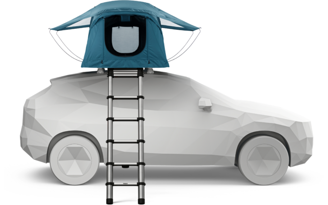 Graues Auto mit blauem Dachzelt auf dem Dach und ausgefahrener Leiter bis zum Boden