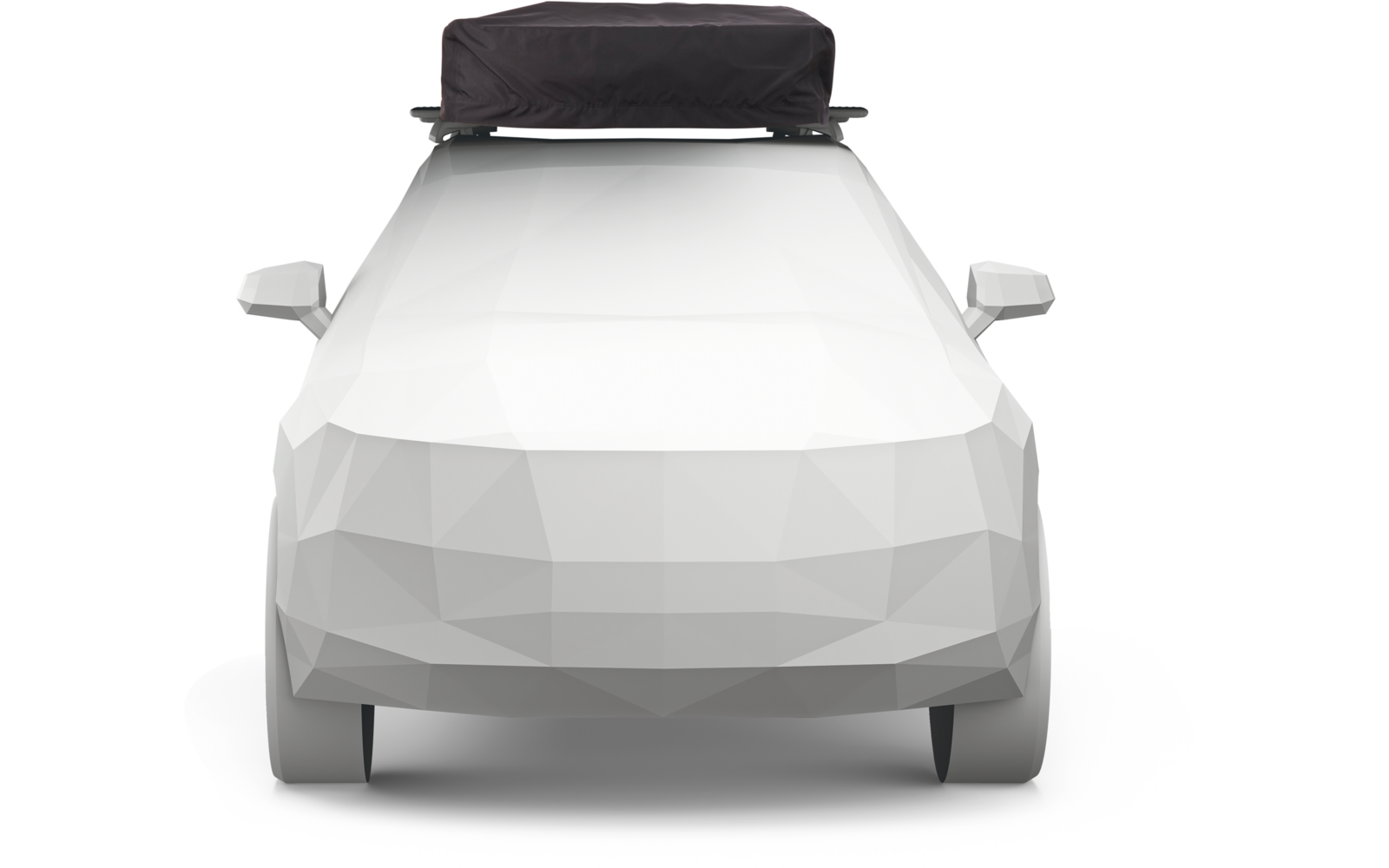 Frontansicht eines weißen, polygonalen Autos mit schwarzer Dachtasche auf einem Dachträger und sichtbaren Außenspiegeln