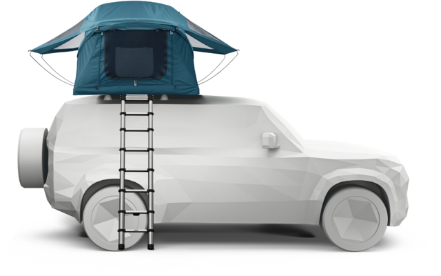 Weißes Fahrzeug mit geöffnetem blau-türkisfarbenem Dachzelt und herunterhängender Leiter, weißer Hintergrund