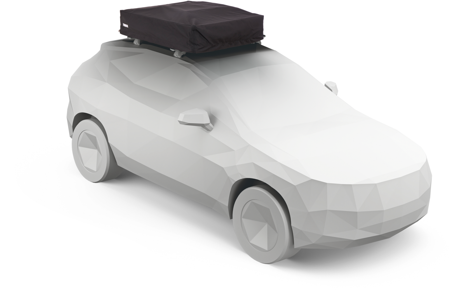 Weißes, polygonales Auto mit schwarzer Dachbox auf Dachträger