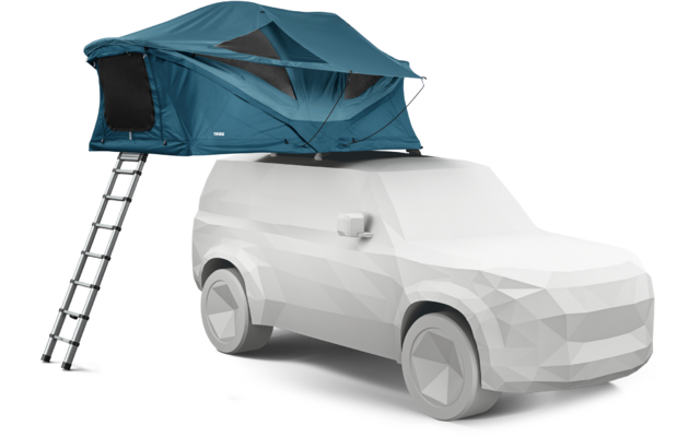 Weißes Low-Poly-Auto mit blau-türkisfarbenem Dachzelt und ausgefahrener Leiter