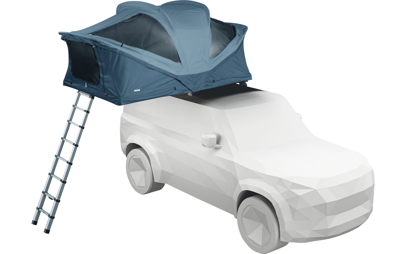 Voiture blanche low-poly avec une tente de toit ouverte bleu-vert et une échelle déployée