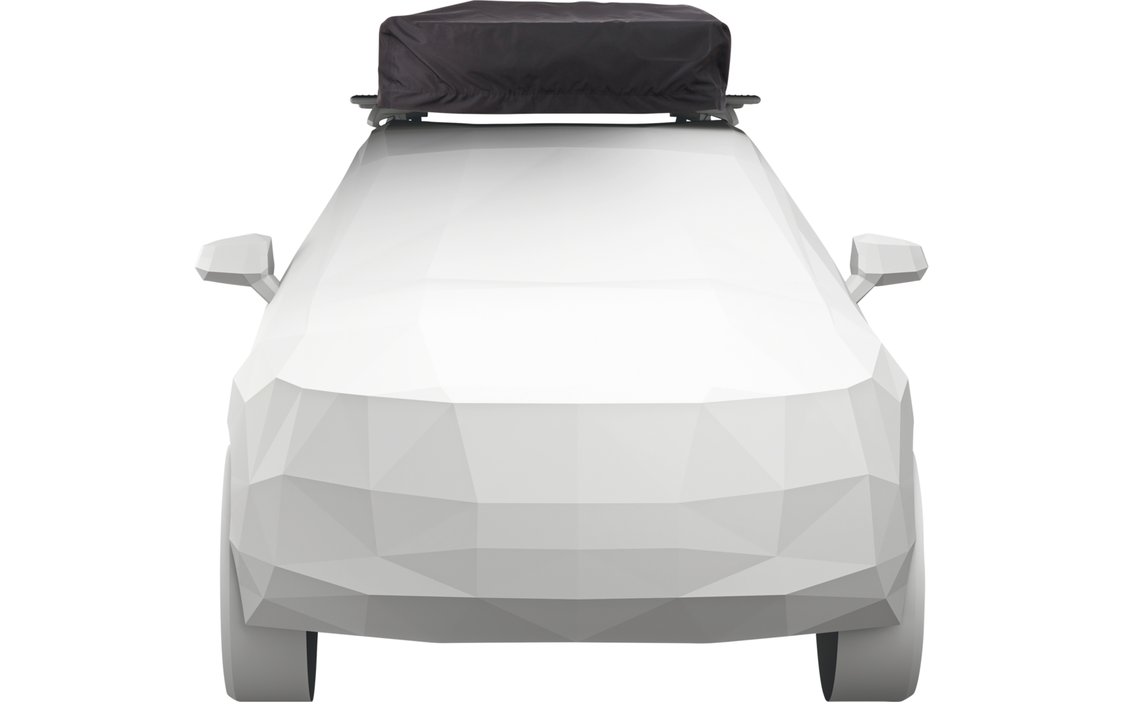 Vue de face d'une voiture blanche en low-poly avec un sac de toit noir sur un porte-bagages et rétroviseurs extérieurs visibles