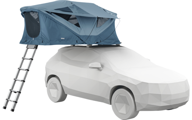 voiture blanche polygonale avec tente de toit turquoise déployée et échelle dépliée