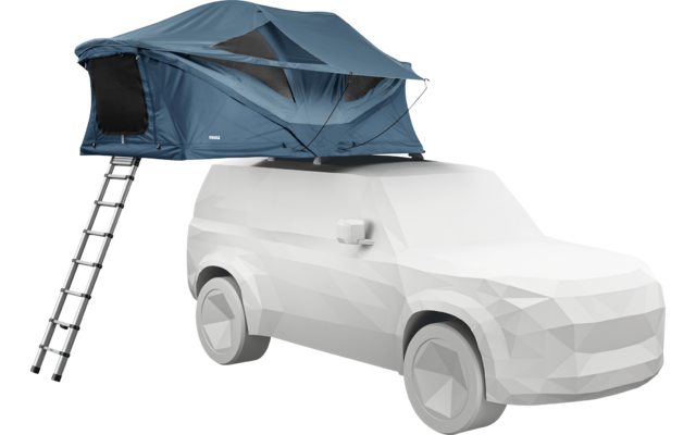 Voiture blanche low-poly avec tente de toit turquoise et échelle déployée