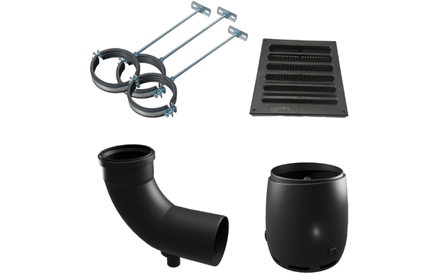 Drie metalen pijpbeugels met draadstangen en montagehoekjes linksboven; rechthoekige zwarte afdekking met schuine lamellen rechtsboven; zwarte 90° pijelbogen met zijaansluiting linksonder; ronde zwarte kunststofcomponent met open bovenkant rechtsonder